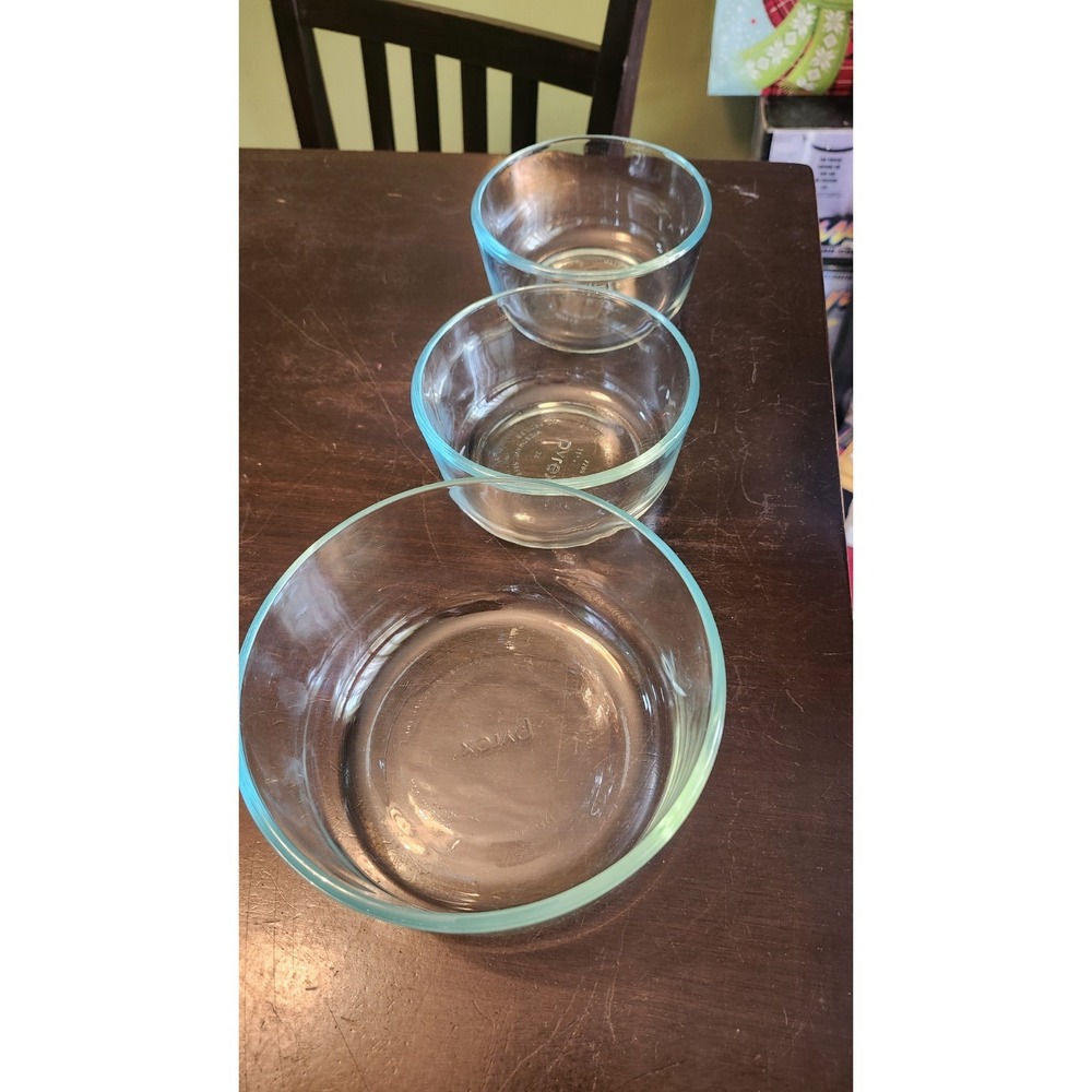 3 Pyrex Nesting Mixing Prep Bowls Clear Glass Blue Tint 7200 X 2  7201 X‎ 1